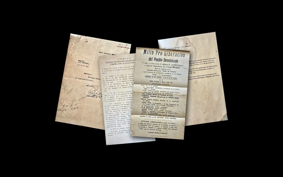 Three aged, typed documents and a printed flyer loosely scattered on a dark surface, the flyer on top
