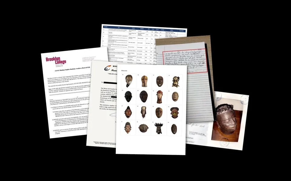 The museum's letter of thanks lying between a photocopy and a photograph of the donated masks, on a dark surface